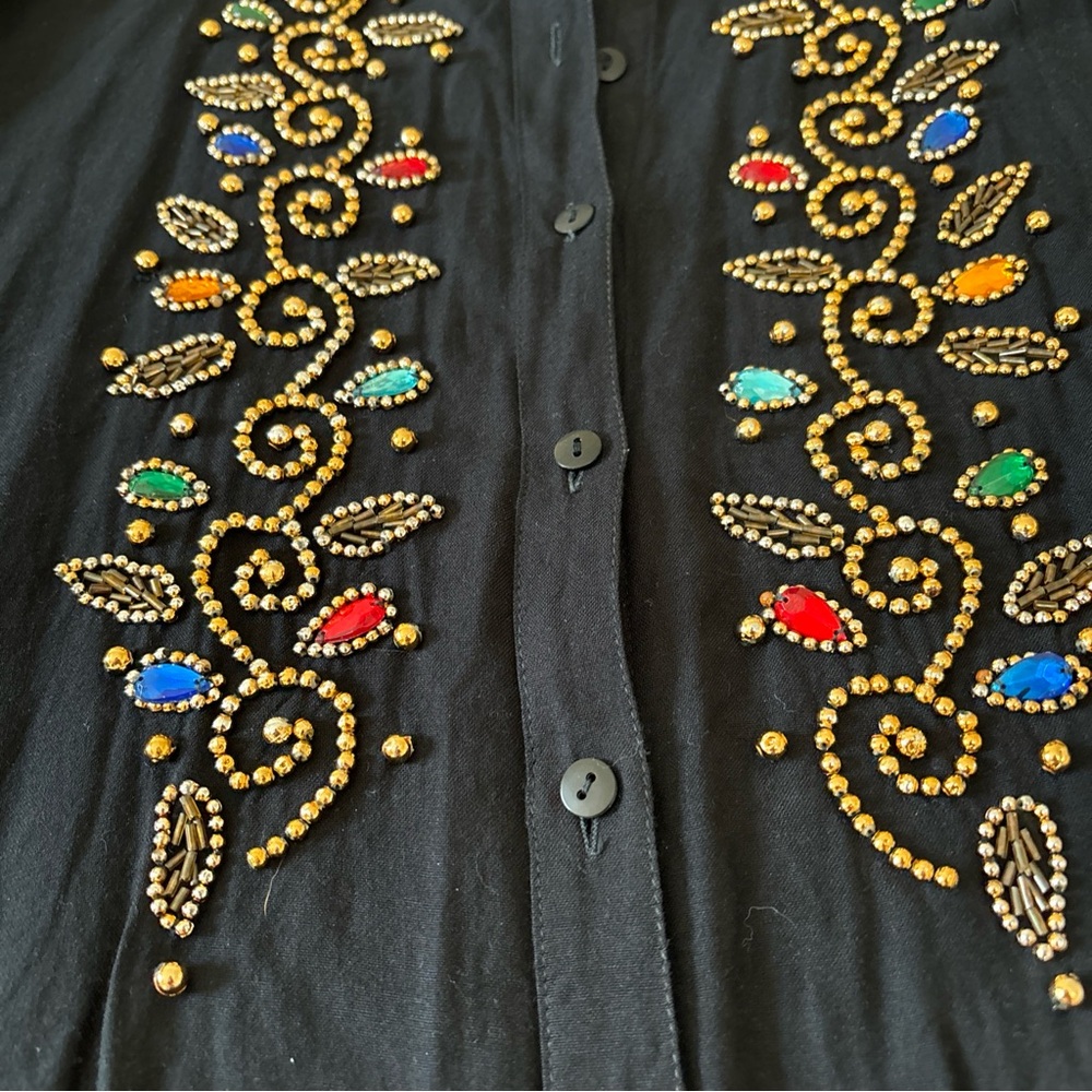 Vtg Union Khaki Black Embellished Bottom Down Top‎ Blouse Artsy beaded SZ Large